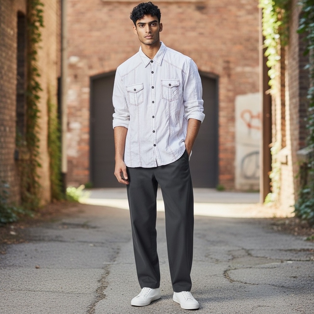 BKE Athletic Fit Mens White Textured Stripe Long Sleeve Button Down Shirt XL